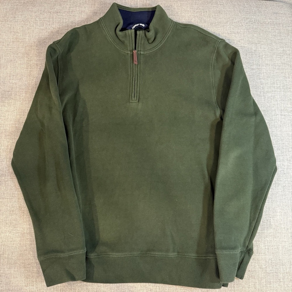 Lands' End‎ Mens M Green Quarter Zip Cotton Knit Sweater 38-40 Casual